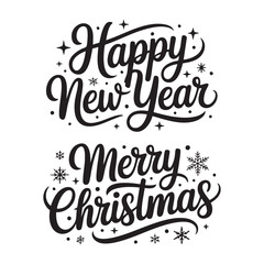 Happy New Year Merry Christmas black calligraphy with stars and snowflakes lettering text