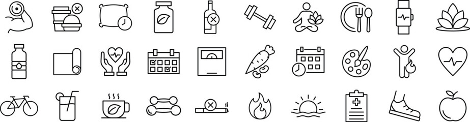 Fitness and Healthy Lifestyle line Icon Set – Health, Young, Wellness, Training, and Exercise Line Icon Pack