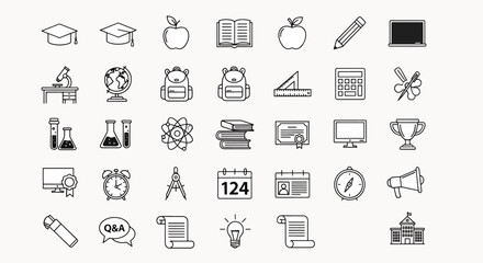 Collection of diverse education and school icons in a clean outline style, perfect for academic and learning themes