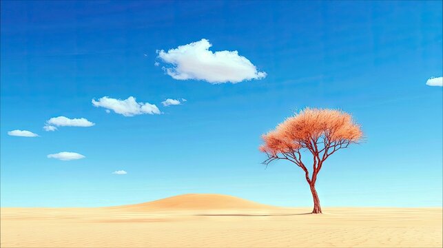A solitary tree with sparse orange leaves sits on a sandy hill under a bright blue sky with fluffy white clouds. - Powered by Adobe