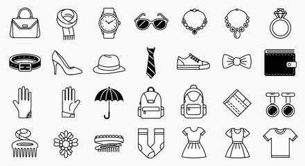 Collection of fashion accessories icons for women and men including bags, shoes, jewelry, watches, and apparel for styling