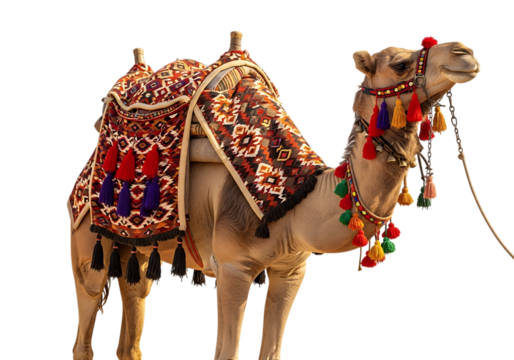 A beautifully decorated dromedary camel adorned with vibrant textiles and colorful tassels isolated on transparent background