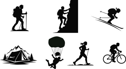 Illustration of this vector illustration showcases a collection of outdoor activities, including hiking, rock climbing, skiing, camping, skydiving, running, and cycling isolated on