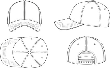Illustration of baseball cap technical drawing isolated on front, side, top, and back views of a blank cap vector illustration of a cap template for design