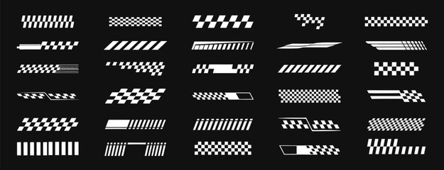 Racing checkered line vector set with dynamic stripes and speed motion effects. White diagonal race flag patterns on a black background for automotive and sports graphics. Perfect for car decals, 