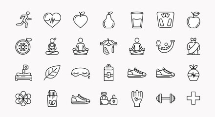 Healthy lifestyle icons set, representing fitness running, meditation, healthy food, and wellness activities for a balanced life