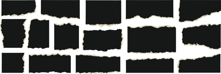 Torn paper edge frames set with ripped, rough, and uneven textured borders on a white background. Black fill centers creating cutout placeholders for photos, text, and collage design. Ideal 