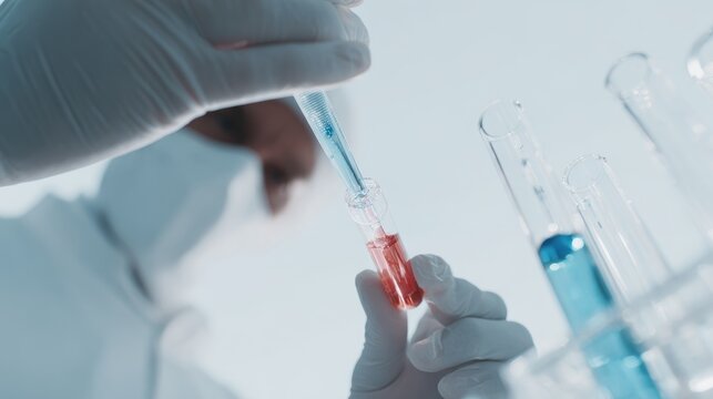 Scientist in lab coat conducting chemical experiment with pipette