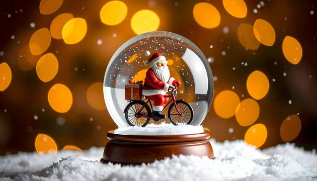Snow Globe with Santa Riding Bicycle Delivering Gifts - Powered by Adobe