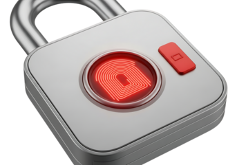 Modern silver padlock with red fingerprint scanner and release button isolated on transparent background