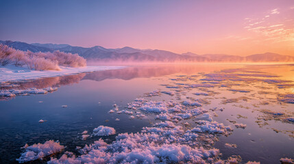 夕焼けに染まり水面と氷に暖色の光を反射した幻想的なフロストフラワー