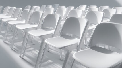 A row of white plastic chairs arranged in a neat conference room