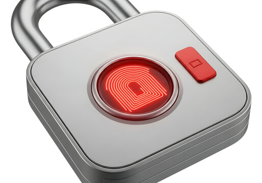 Modern silver padlock with red fingerprint scanner and release button isolated on transparent background
