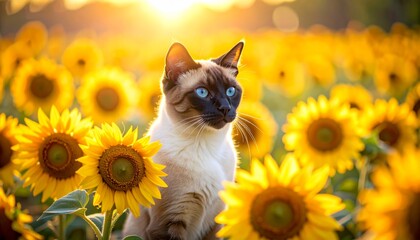 Siamese Cat in Sunflower Field