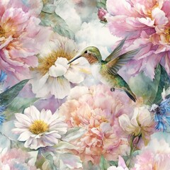 Obraz premium Colorful peonies with a hummingbird flying around them in a beautiful garden