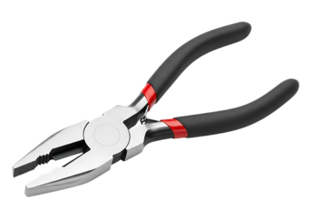 A pair of black handled combination pliers with red accents isolated on transparent background