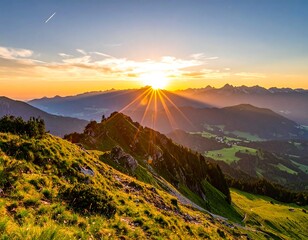 Obraz premium A vibrant sunset paints the sky above a mountain range. The sun bursts through clouds, illuminating peaks and valleys