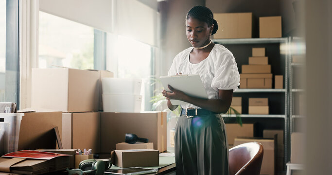 Distribution, clipboard and black woman with planning, writing and logistics with checklist for stock. African person, paperwork and entrepreneur with document, inventory management and supply chain