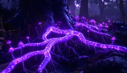 Vibrant Purple Glowing Roots and Mushrooms Illuminating a Dark Fantasy Forest Floor.