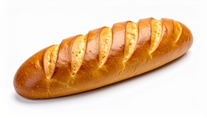 Golden-brown loaf of bread with diagonal slashes on white background