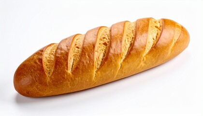 Golden-brown loaf of bread with diagonal slashes on white background