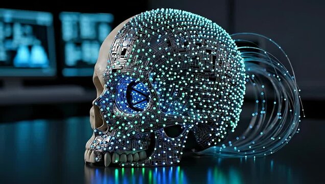 Human skull with digital brain overlay representing artificial intelligence
