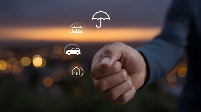 Hand protecting assets with insurance icons home car umbrella against blurred city lights at dusk