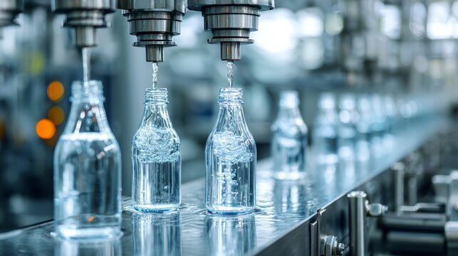 Automated bottling line for filling clear water bottles in a modern factory