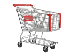 A detailed view of a metal shopping cart with red accents isolated on transparent background