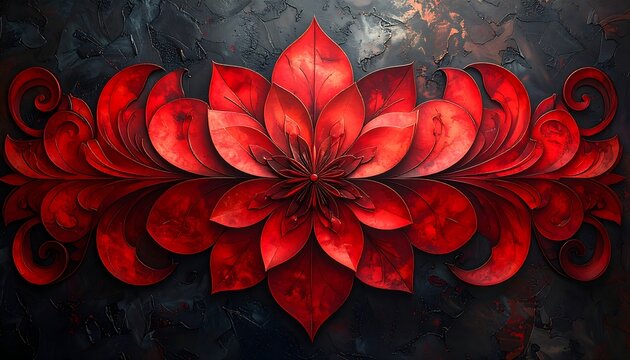 A vibrant, stylized crimson floral design. Features intricate, symmetrical petals set against a textured, dark background