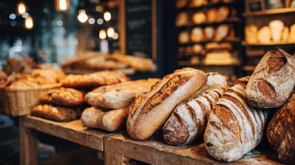 Freshly baked artisan breads are arranged on wooden tables in a cozy bakery. The warm lighting and rustic decor create an inviting atmosphere for customers.