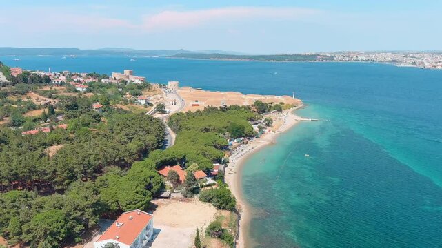 Kilitbahir, Turkey. Aerial drone flight along the coastline of the Dardanelles Strait towards the historic Namazgah Bastion, an Ottoman-era fortification. Aerial View