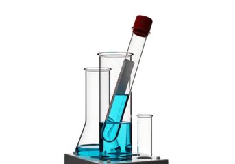 Laboratory glassware with blue liquid and red stopper isolated on transparent background