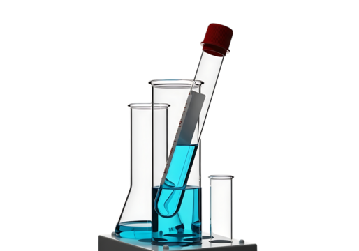 Laboratory glassware with blue liquid and red stopper isolated on transparent background