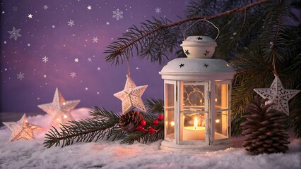 A festive christmas lantern surrounded by stars, pine branches, and snow, creating a magical and enchanting holiday atmosphere with a purple background
