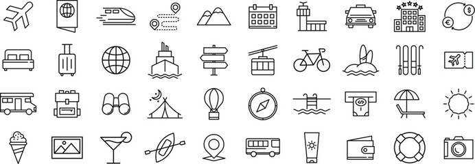 Travel and tourism line icon set – vacation, transportation, hotel, adventure and holiday symbols