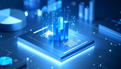 Glowing microchip with 3D bar chart and digital data interface in blue neon