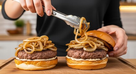 Female preparing delicious onion-topped burgers in kitchen