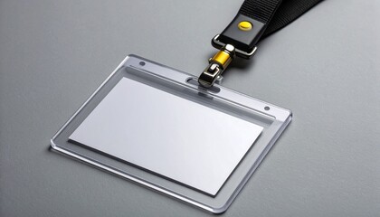 Blank ID badge holder with black lanyard on white background