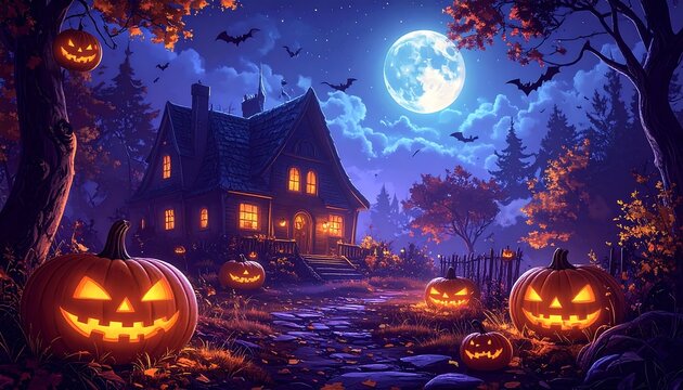 A spooky night scene with a haunted house illuminated by eerie jack-o'-lanterns, under a full moon with bats flying about