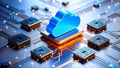 Blue cloud icon on microchip with glowing circuits and futuristic background