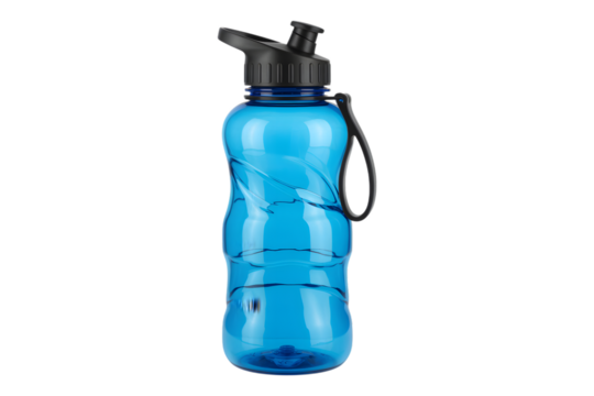 Blue plastic water bottle with black cap isolated on transparent background