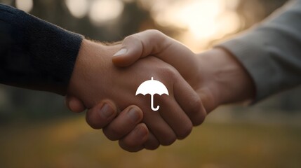 A handshake symbolizing trust and partnership is overlaid with an umbrella icon representing protection in business
