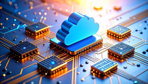 Blue cloud icon on microchip with glowing circuits and futuristic background