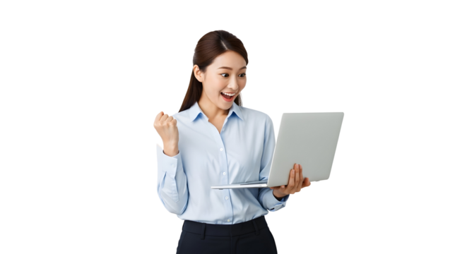 Excited young asian businesswoman celebrates online success looking at laptop screen happy millennial female entrepreneur achieving digital triumph with joyful expression and triumphant fist gesture