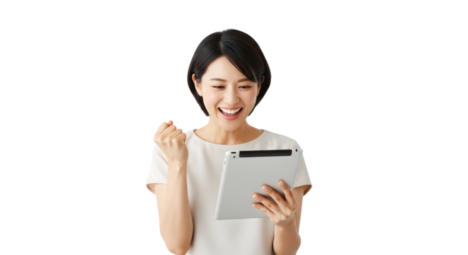 Excited Asian woman celebrating success with a digital tablet showcasing achievement and joy from online triumph using modern technology a happy person enjoying a winning moment on her portable device