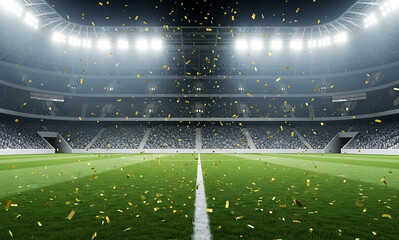 Full stadium for competition with lights and golden confetti