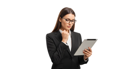 Professional woman in a sleek business suit and stylish glasses intently studying information on a digital tablet showcasing focused analysis and modern corporate technology usage