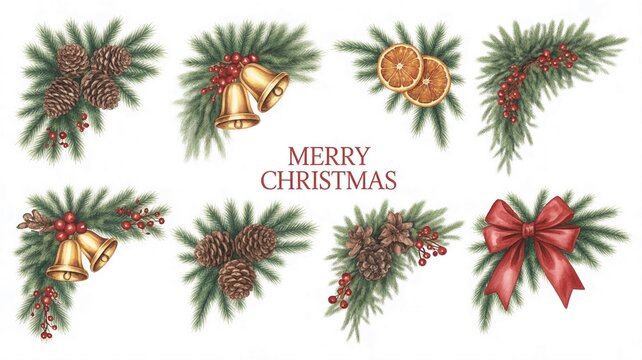 Create festive holiday cheer with these watercolor Christmas elements including pine cones, golden bells, red berries, orange slices, and a vibrant red bow