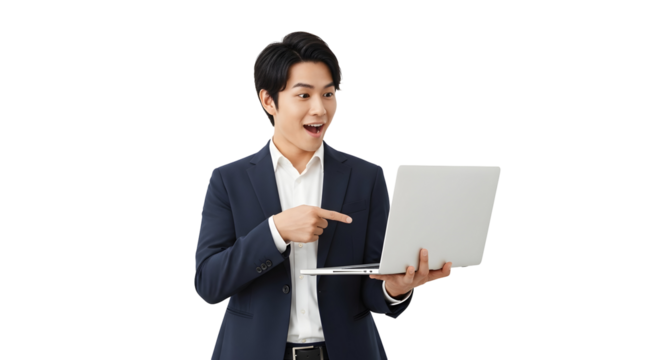 Excited young asian businessman pointing at a laptop screen with a surprised expression showcasing digital communication and modern technology in a dynamic professional setting for business - Powered by Adobe